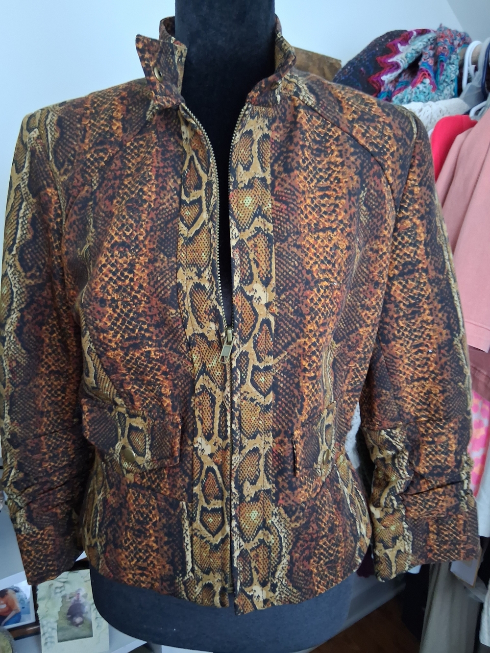 Peck & Peck Snake-Print Zip Front Jacket in Brown and Tan